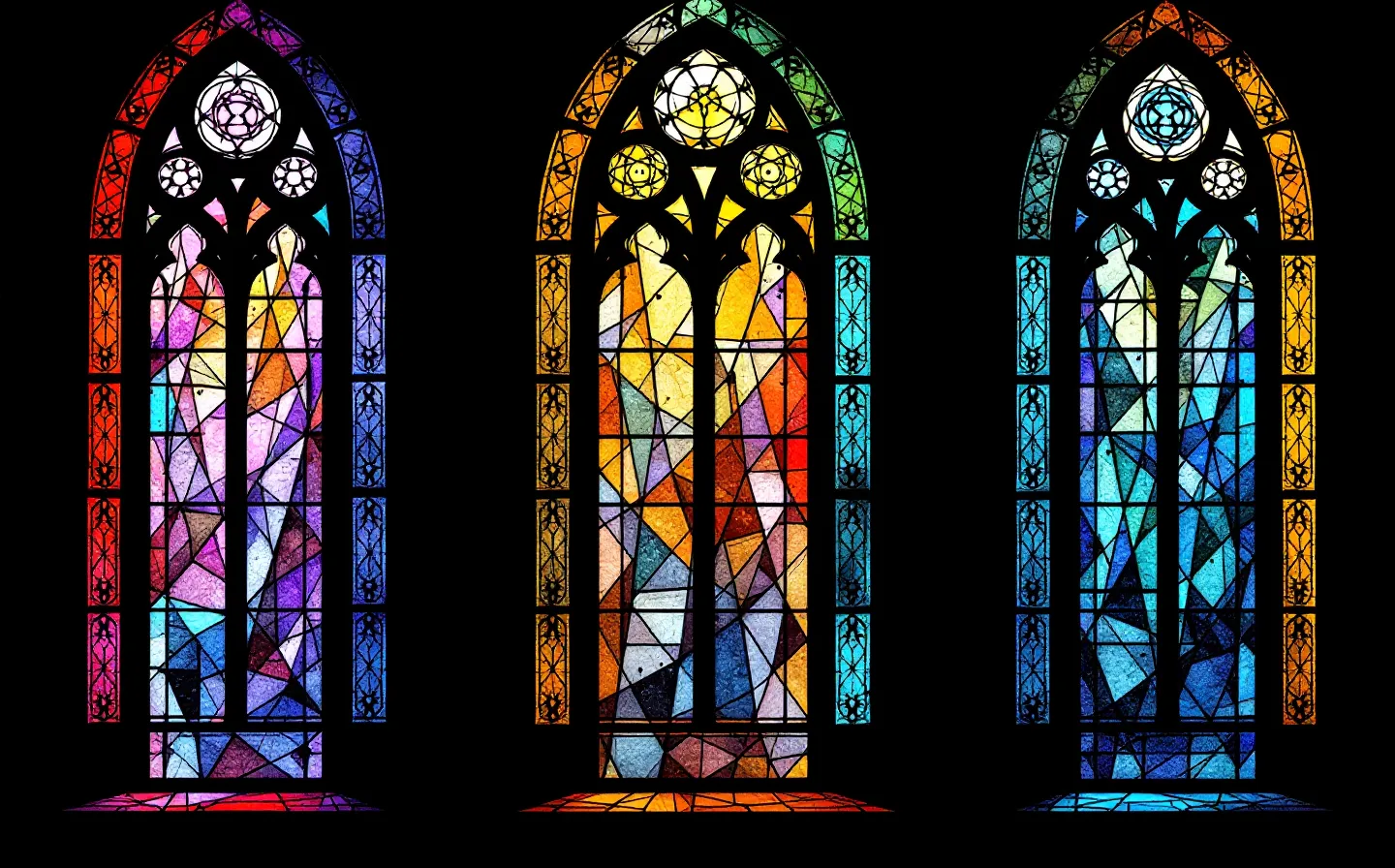 A Gothic stained-glass window of three narrow pointed-arch lancet panes in red, amethyst and verdigris jewel glass standing for the Lys-Pro-Val tripeptide, leaded line work with slim tracery, on a deep cool ink-black ground